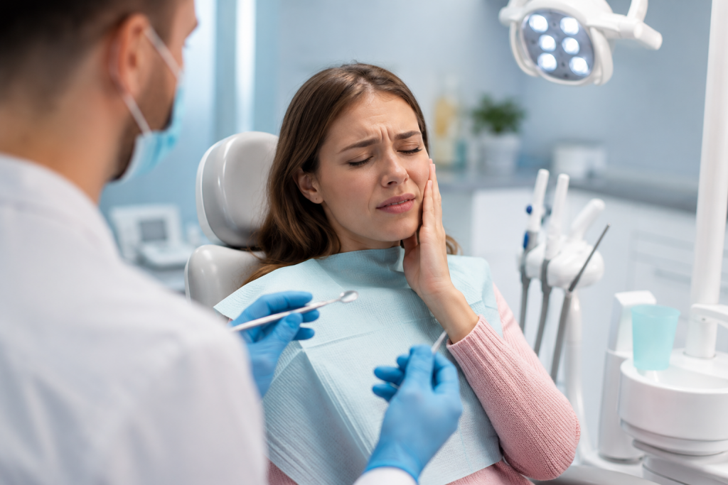 Female patient with severe toothache at an emergency dentist in Vienna