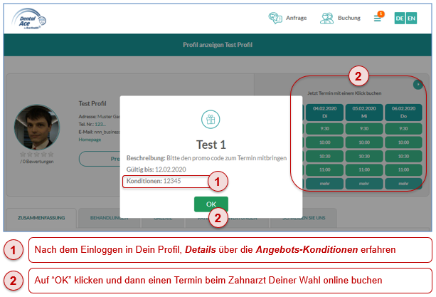 Konditionen des Angebots einsehen und zum Termin mitbringen