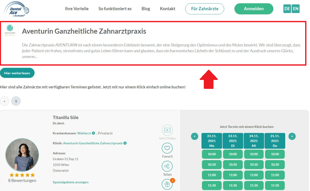 DentalAce Klinik Funktion eigene Landing Page