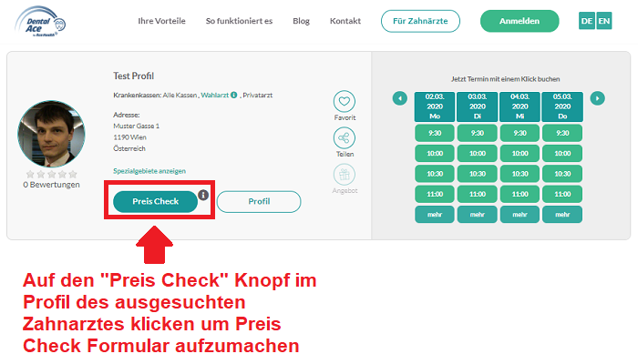 Klicke auf den Preis Check Knopf um das Formular aufzumachen.