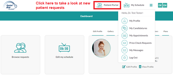 Log into your DentalAce profile to view new patient requests in the patient portal.