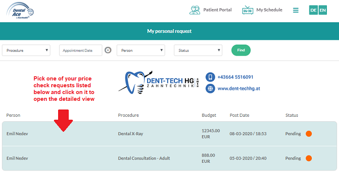 Pick the price check request of your choice from the list and click on it to enter the detail view.