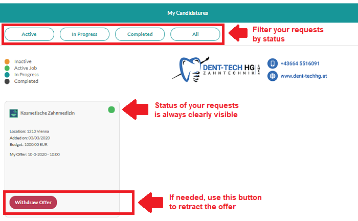 View and change the status of any request candidatures in your DentalAce profile.
