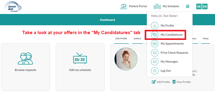 Review your candidatures in the appropriate tab in your DentalAce profile.