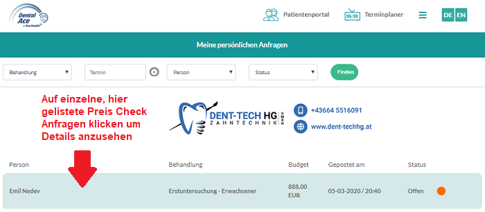 Auf einzelne Preis Check Anfragen klicken und Details ansehen.