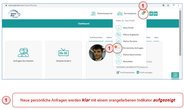 In Ihr Profil loggen und neue Anfragen im dazu vorgesehenen Tab ansehen