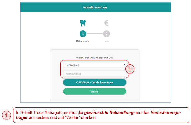 Behandlungswunsch und Krankenkassen-Information eingeben