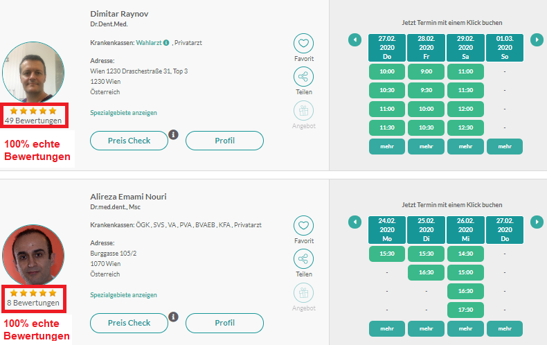 Unsere echten Bewertungen sind in den Zahnarzt-Profilen klar zu sehen