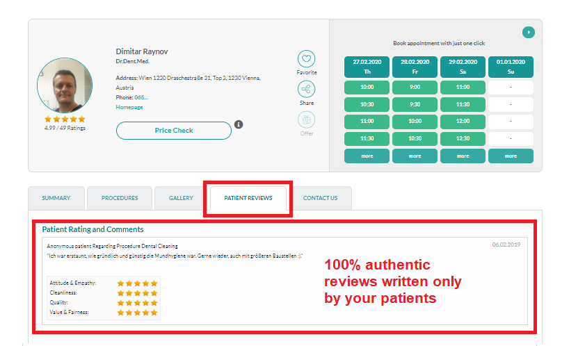 Details about each rating are available inside dentist profiles in a designated tab