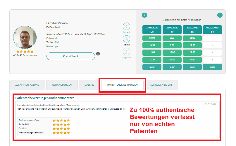 Details zu jeder Bewertung gibt es im Profil des Zahnarztes im eigenen Tab